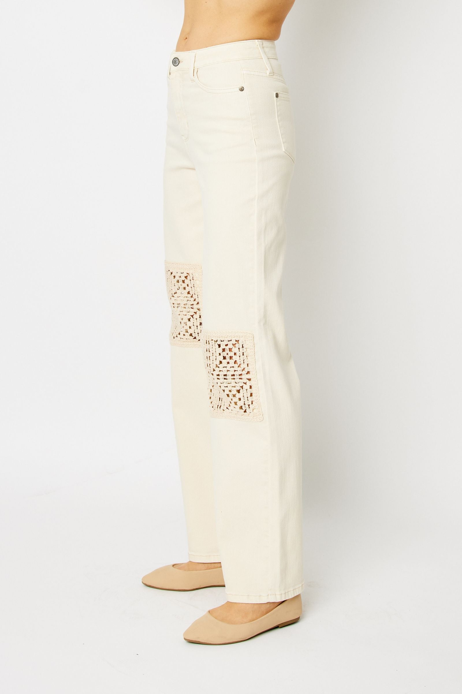 ECRU/OFF-WHITE HIGH WAIST GARMENT DYED CROCHET PATCHES WIDE LEG JUDY BLUE DENIM