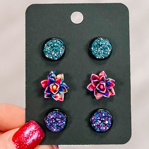 BERRIES Succulent 10mm 3 Pack Black Bezel Druzy Earrings Pack