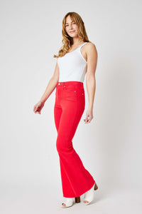 RED HIGH WAIST TUMMY CONTROL GARMENT DYED FLARE JUDY BLUE DENIM