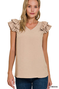 LIGHT MOCHA WOVEN AIRFLOW TIERED RUFFLE SLEEVE TOP