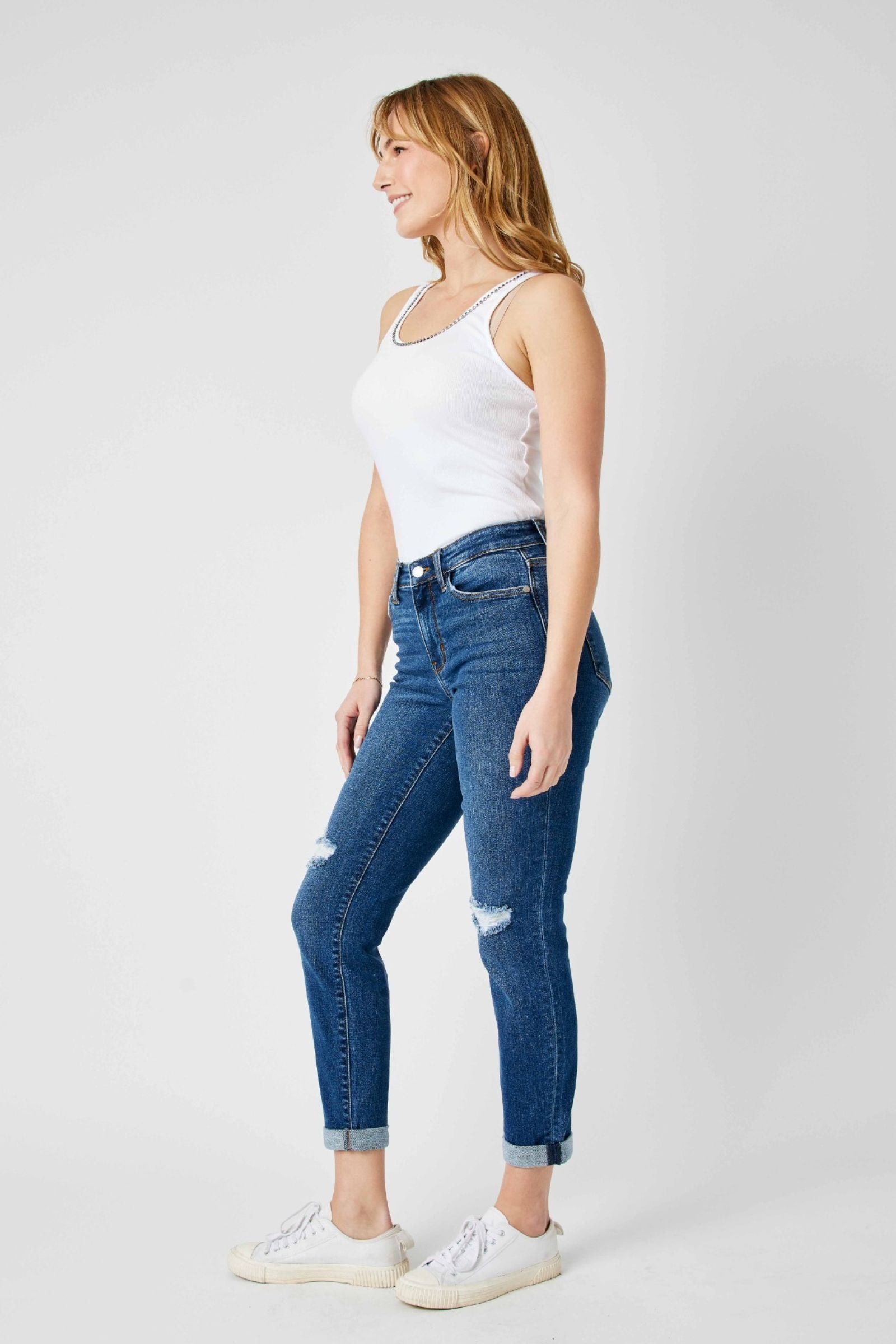 MID RISE DESTROYED SLIM MEDIUM WASH JUDY BLUE DENIM-PLUS