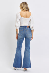 HIGH WAIST DARKWASH TUMMY CONTROL CONTRAST WASH FLARE JUDY BLUE DENIM-PLUS