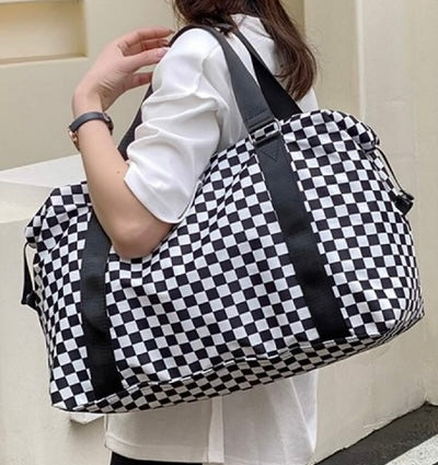 BLACK WHITE CHECKERED DUFFLE BAG
