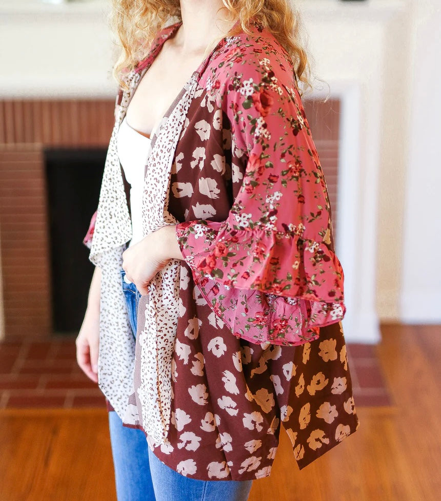 PINK BROWN FLORAL ANIMAL KIMONO-PLUS