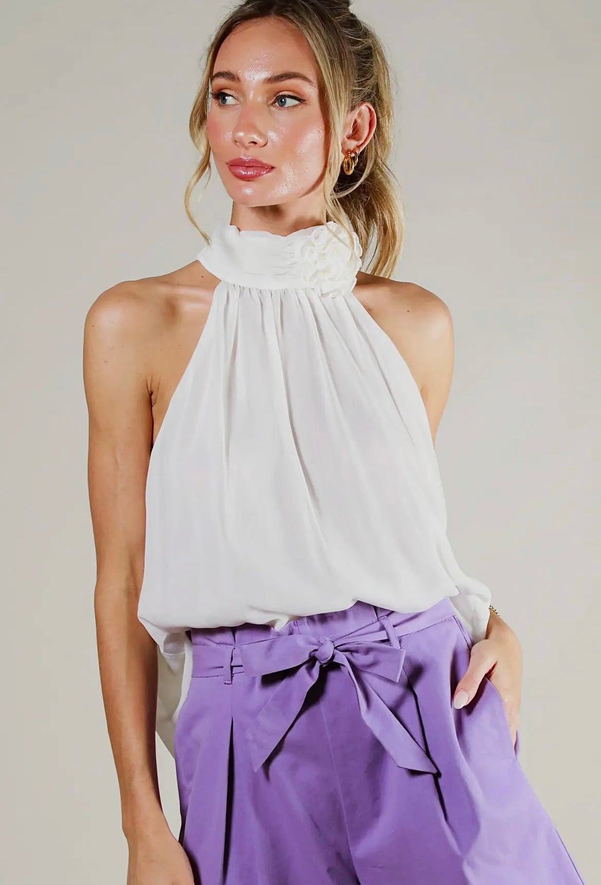 WHITE CHIFFON FLOWER TIE BACK HALTER NECK CORSAGE DETAIL TOP - SALE