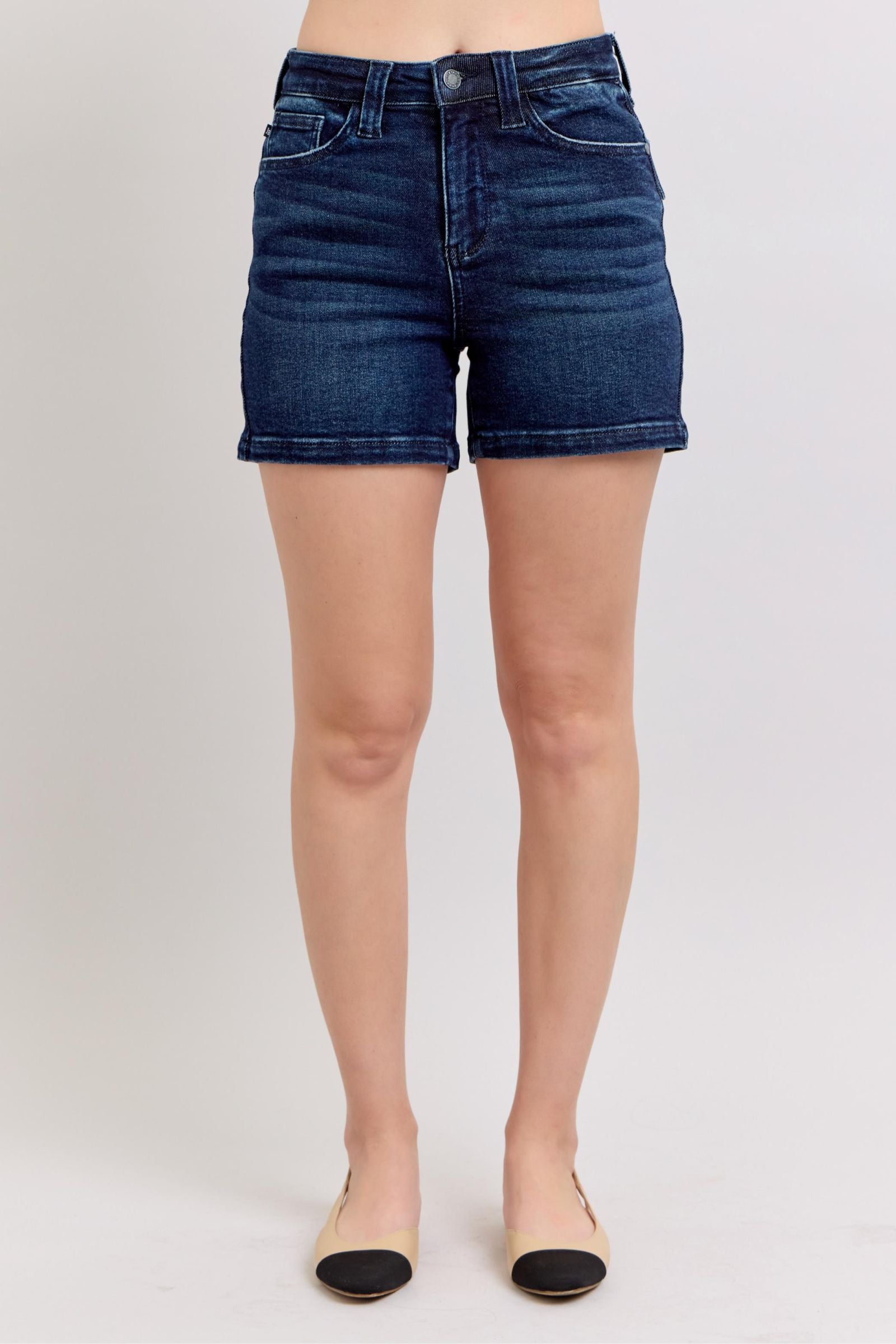 MEDIUM BLUE HIGH WAIST BACK FLAP POCKETED SHORTS JUDY BLUE DENIM-PLUS