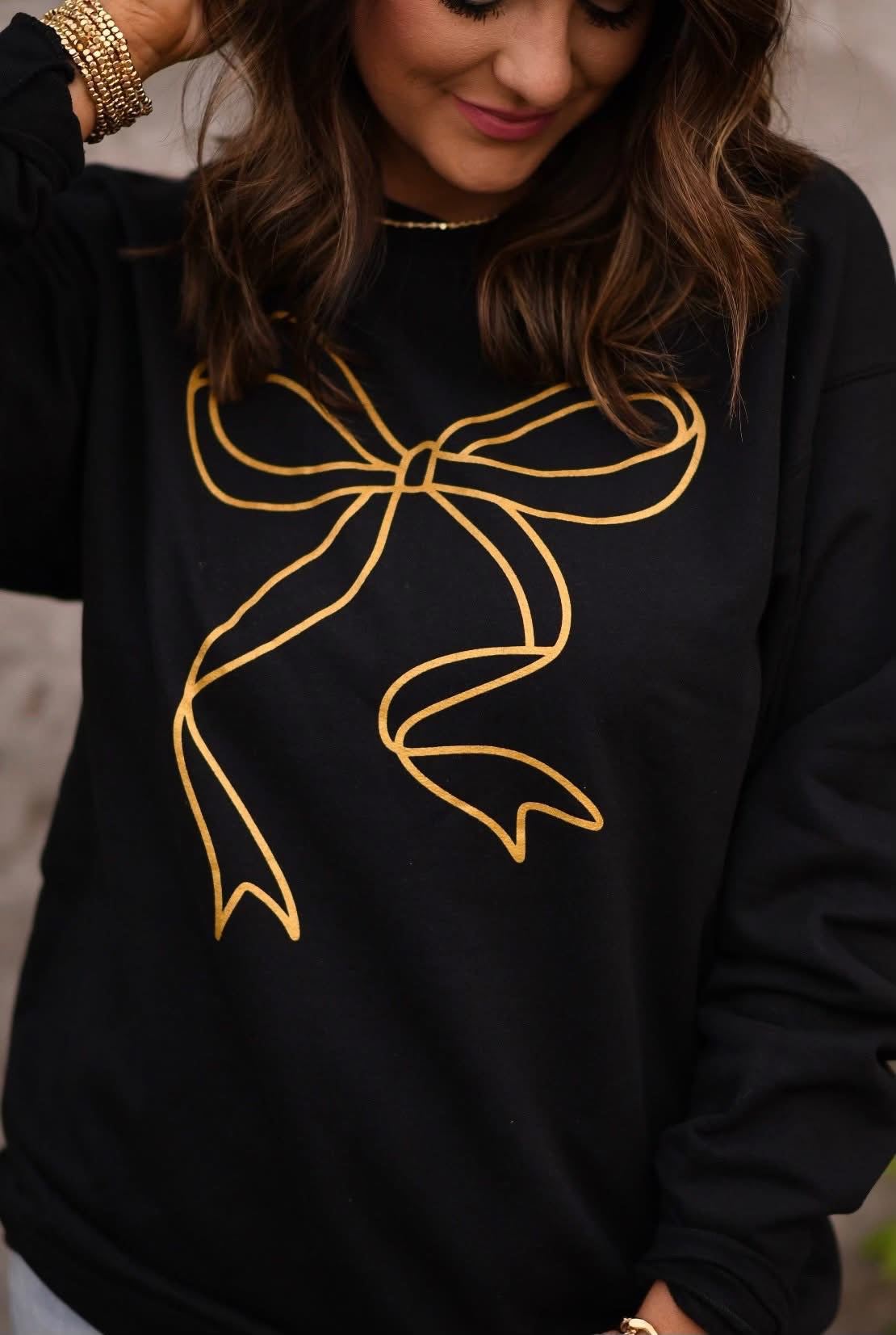 GOLD BOW SHIMMERY SPARKLY BLACK SWEATSHIRT