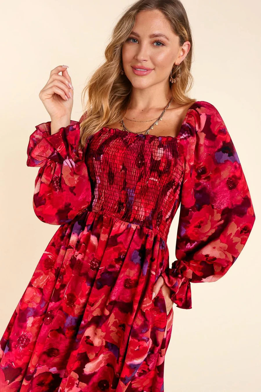 RED BLACK SMOCKED FIT & FLARE POCKETED FLOWY CHIFFON MIDI/MAXI DRESS-PLUS