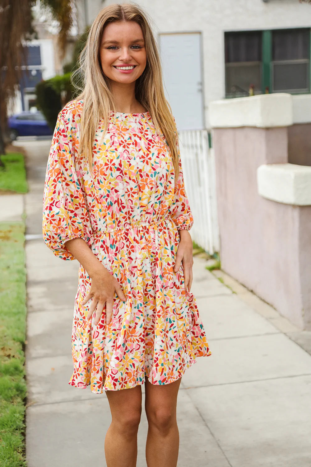 MULTI COLOR FLORAL SYNCHED WAIST POCKETED DRESS