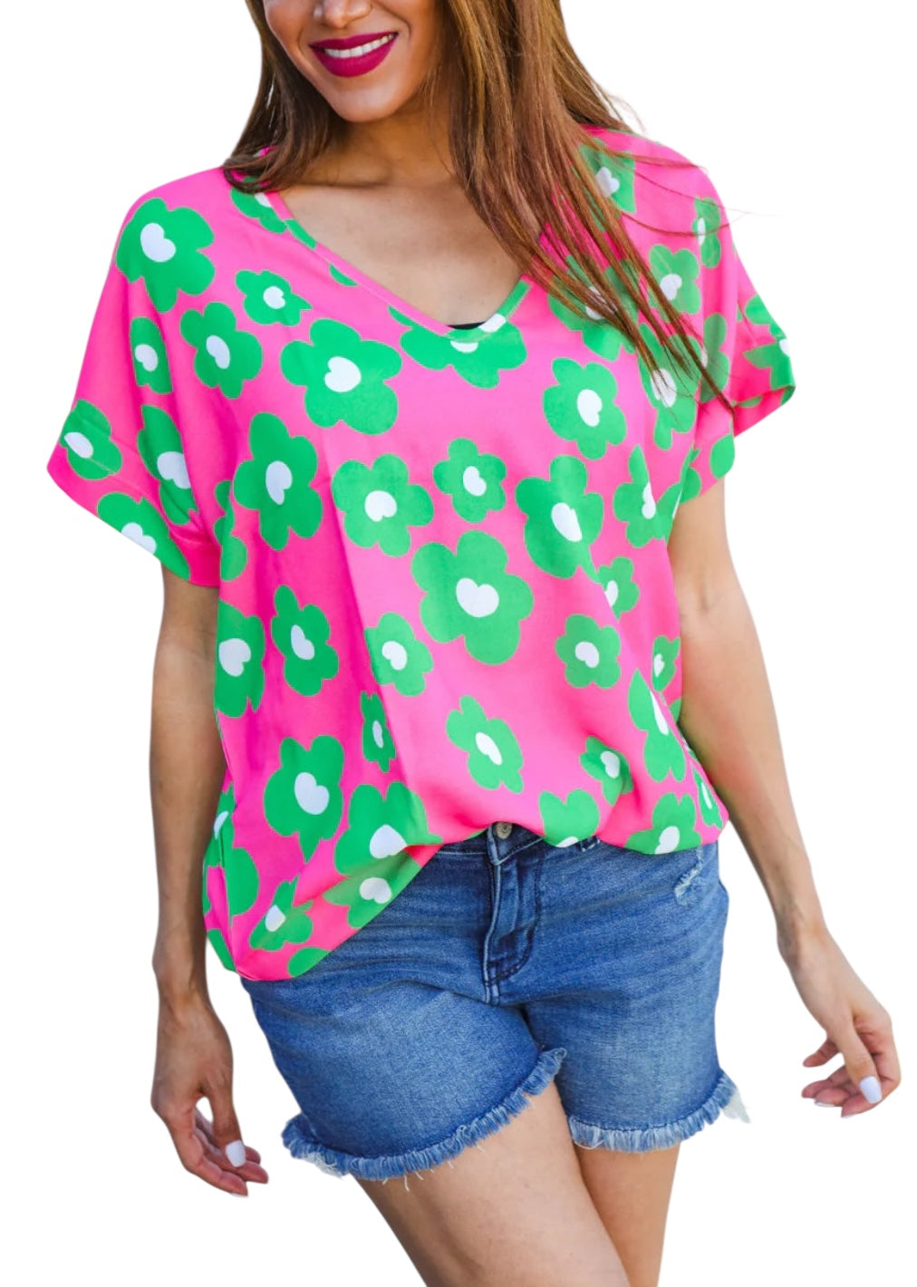 FUCHSIA GREEN FLORAL DOLMAN TOP - SALE- SMALL, MEDIUM & LARGE AVAILABLE