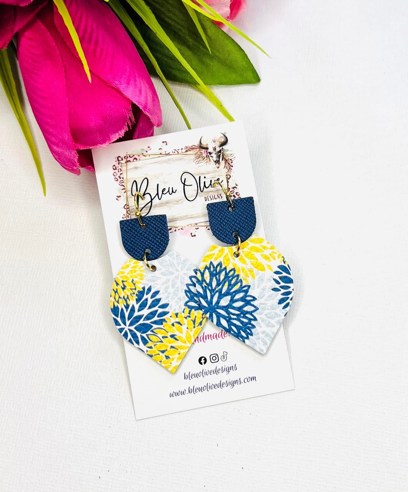 YELLOW NAVY BLUE GREY FLORAL PRINT TEARDROP SHAPE HANDMADE LEATHER EARRINGS BY B.O.D