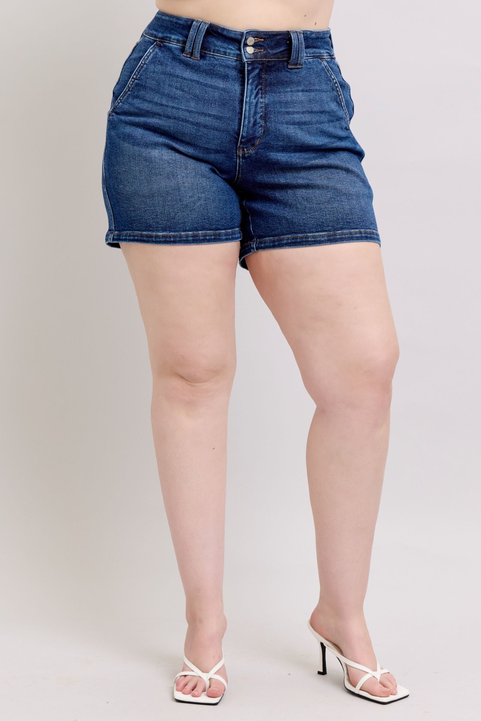 DARKWASH HIGH WAIST DOUBLE BUTTON WAISTBAND SHORTS JUDY BLUE DENIM