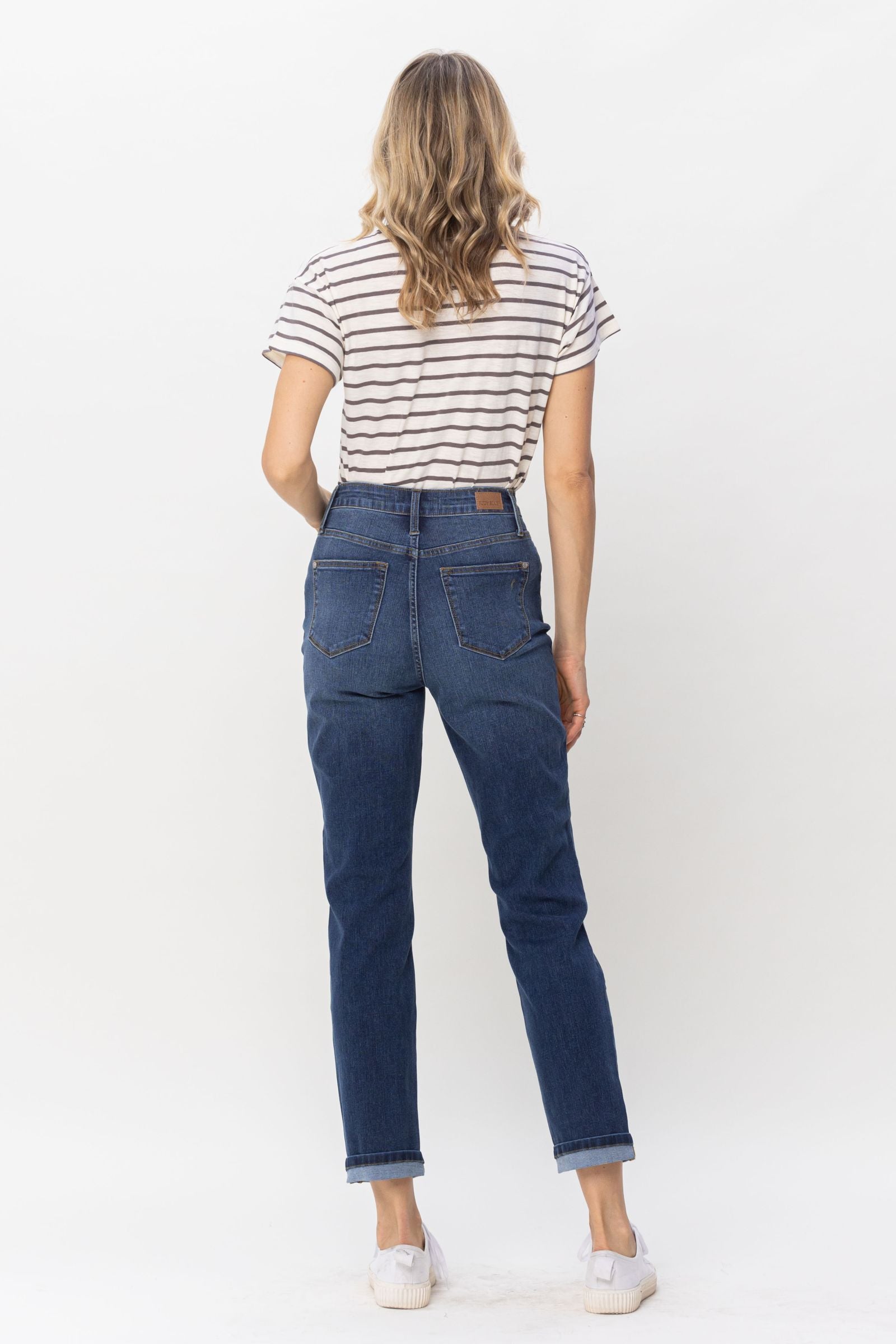 DARKWASH HIGH WAIST COOL DENIM SUSTAINABLE CUFF BOYFRIEND JUDY BLUE DENIM-PLUS