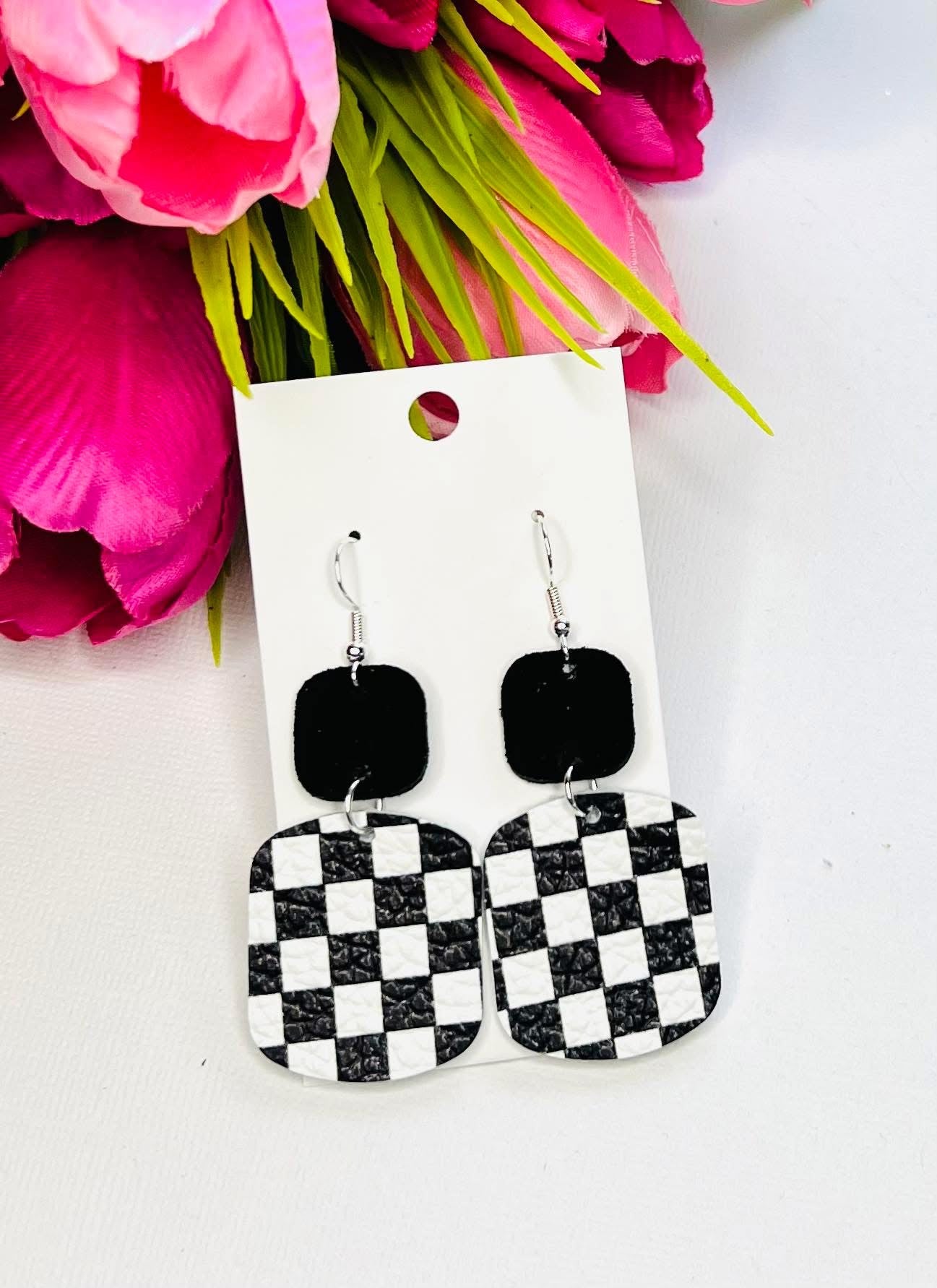 CHECKERED PRINT SQUARE WITH MATCHING SOLID COLOR SQUARE LEATHER HANDMADE EARRINGS BY B.O.D