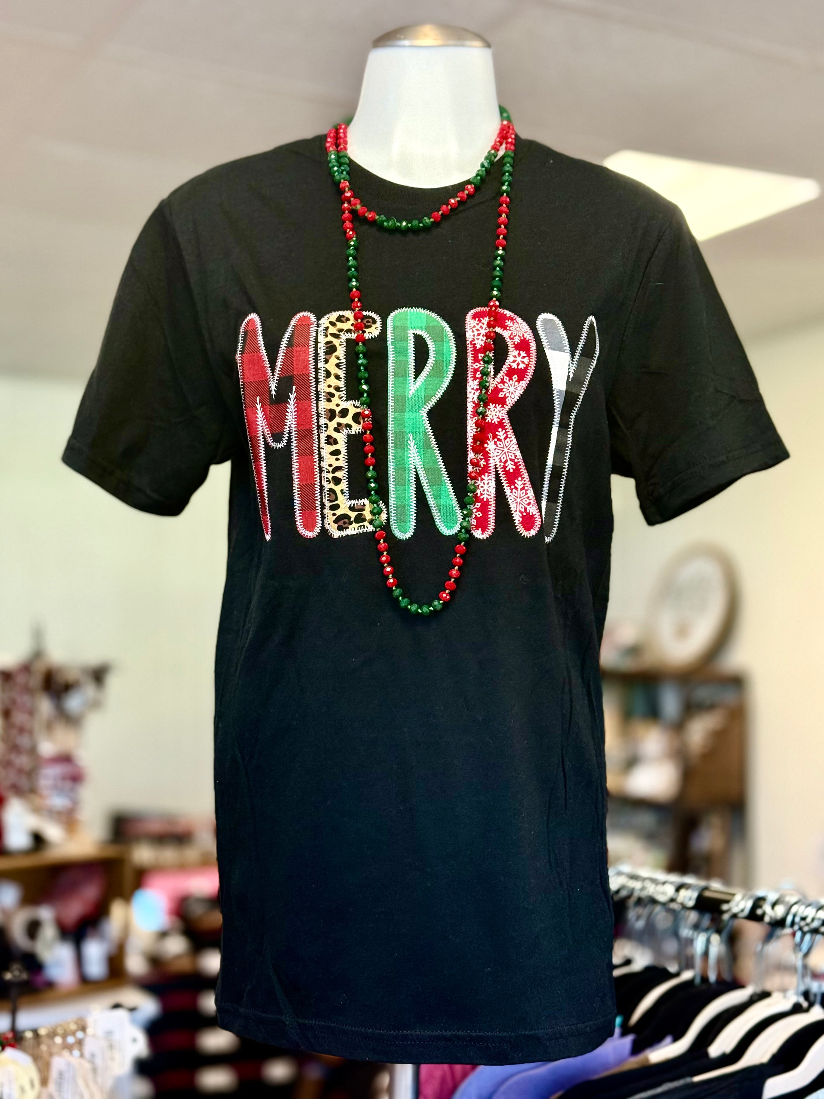 BLACK MERRY SEQUIN APPLIQUED HANDMADE CHRISTMAS TEE