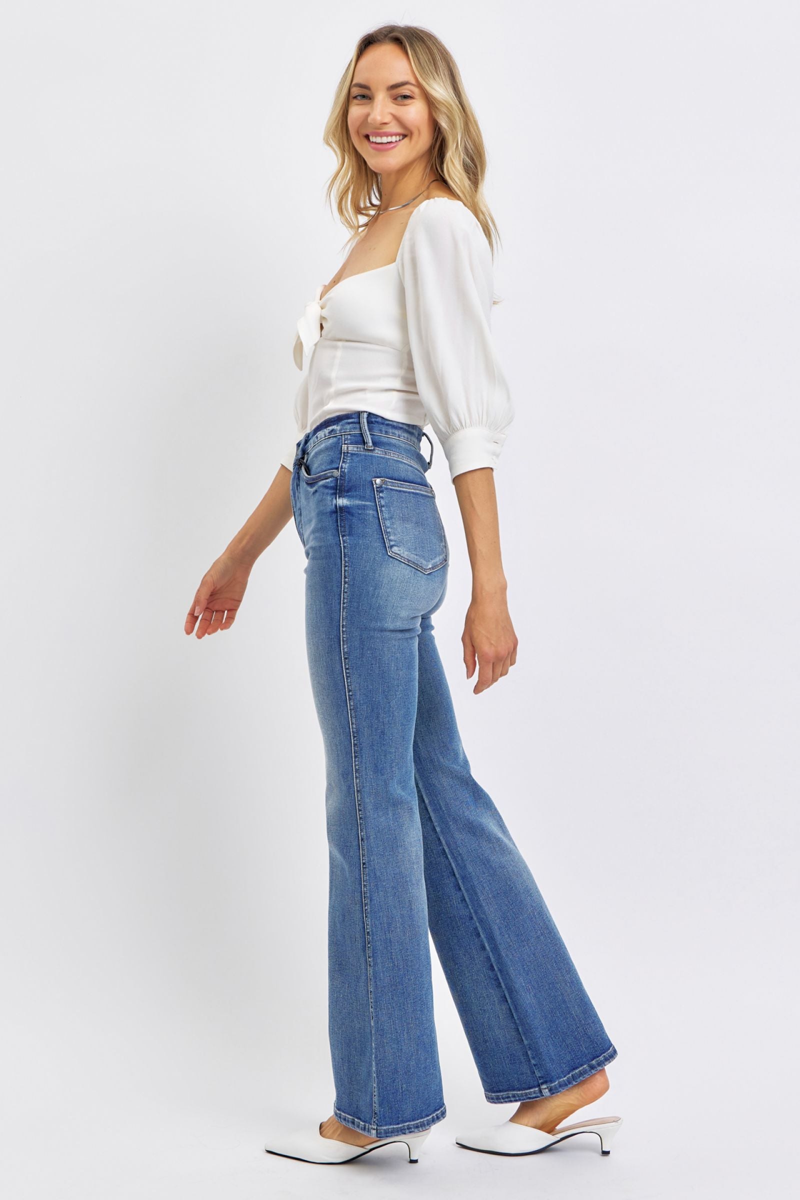 HIGH WAIST DARKWASH TUMMY CONTROL CONTRAST WASH FLARE JUDY BLUE DENIM