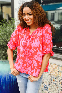 RED PINK RIBBON BOW FLORAL WOVEN TOP-PLUS