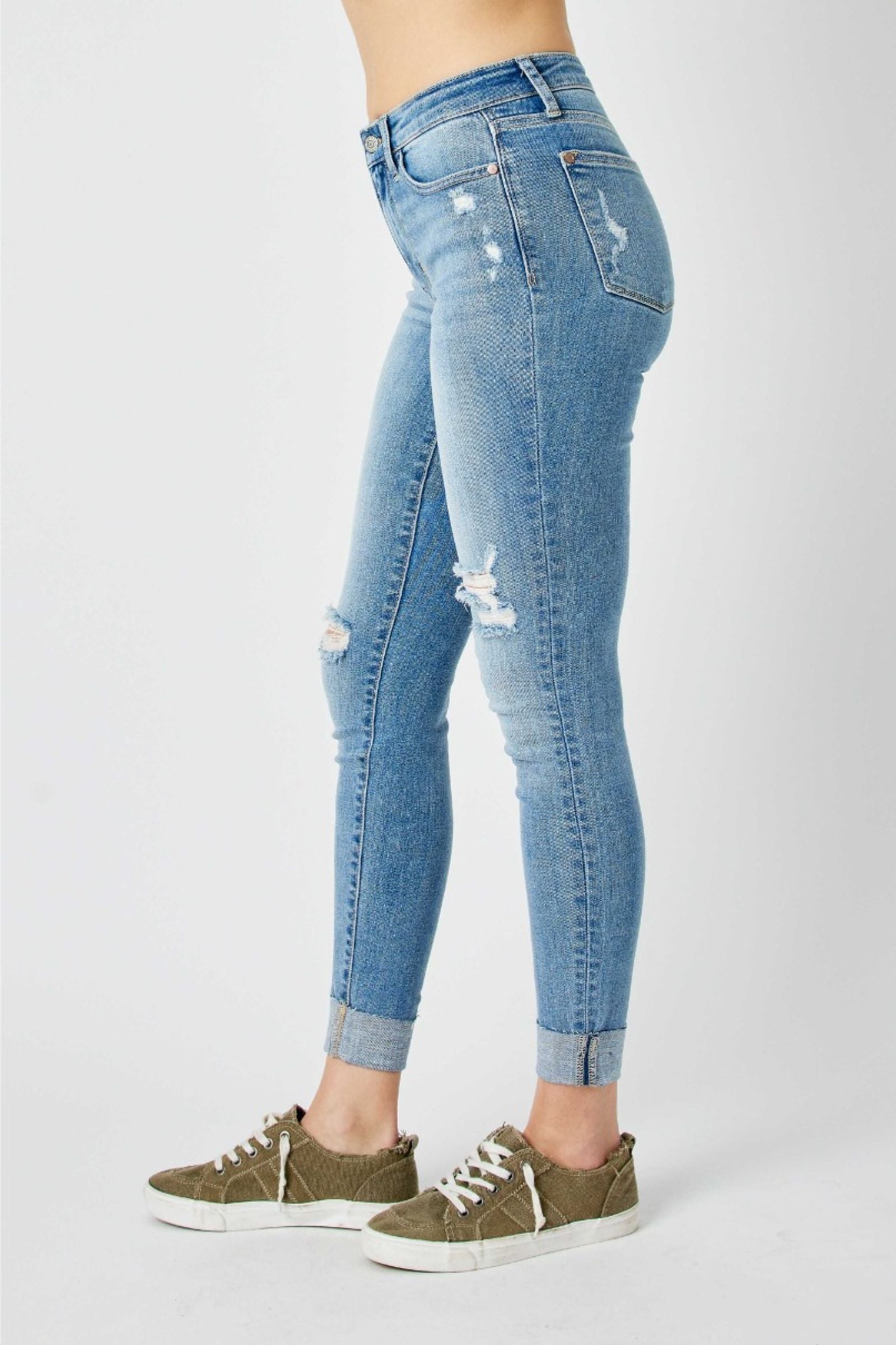 SKINNY MEDIUM WASH MID RISE DESTROYED CUFFED JUDY BLUE DENIM-PLUS