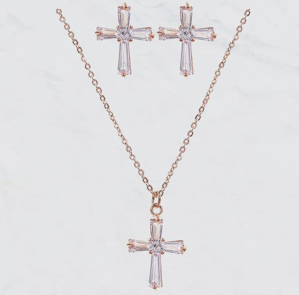 CUBIC ZIRCONIA RHINESTONE CROSS PENDANT NECKLACE & EARRING SET