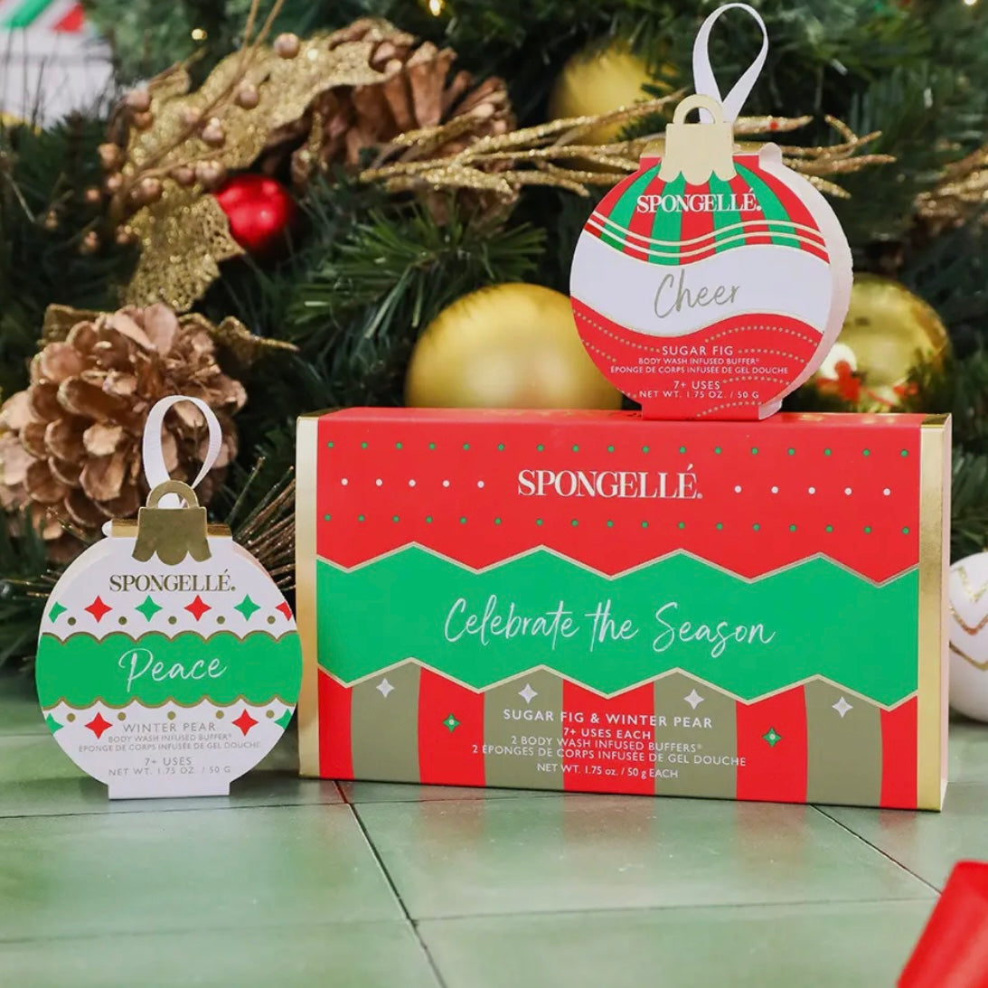 CELEBRATE THE SEASON HOLIDAY ORNAMENT GIFT SET CHRISTMAS SPONGELLE BUFFERS SOAPS