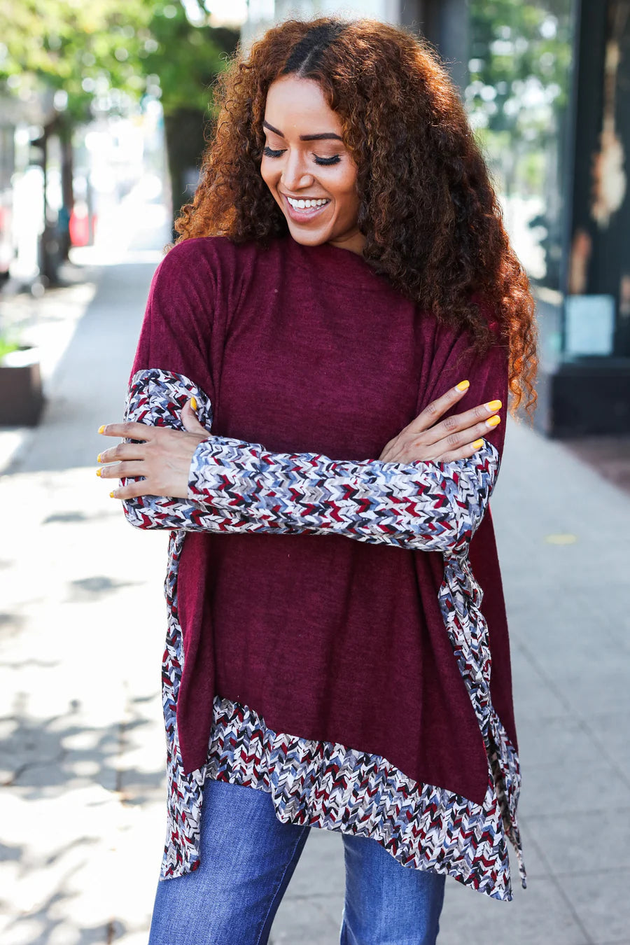 BURGUNDY PRINT DESIGN DOLMAN SWEATER TOP