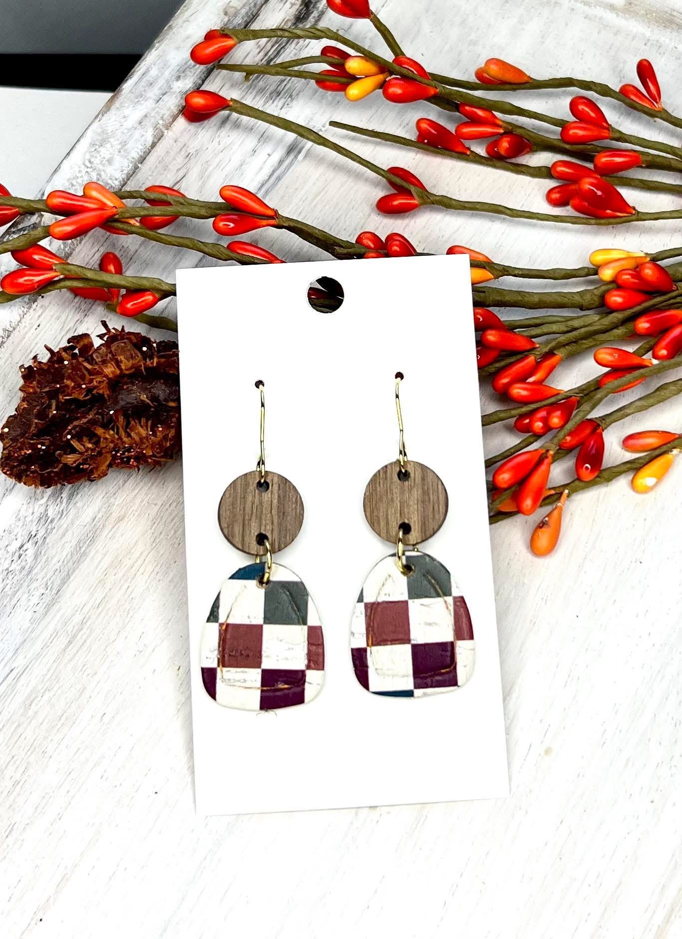 CHECKERED PRINT FALL PLAID WOOD CIRCLE HANDMADE EARRINGS BY B.O.D