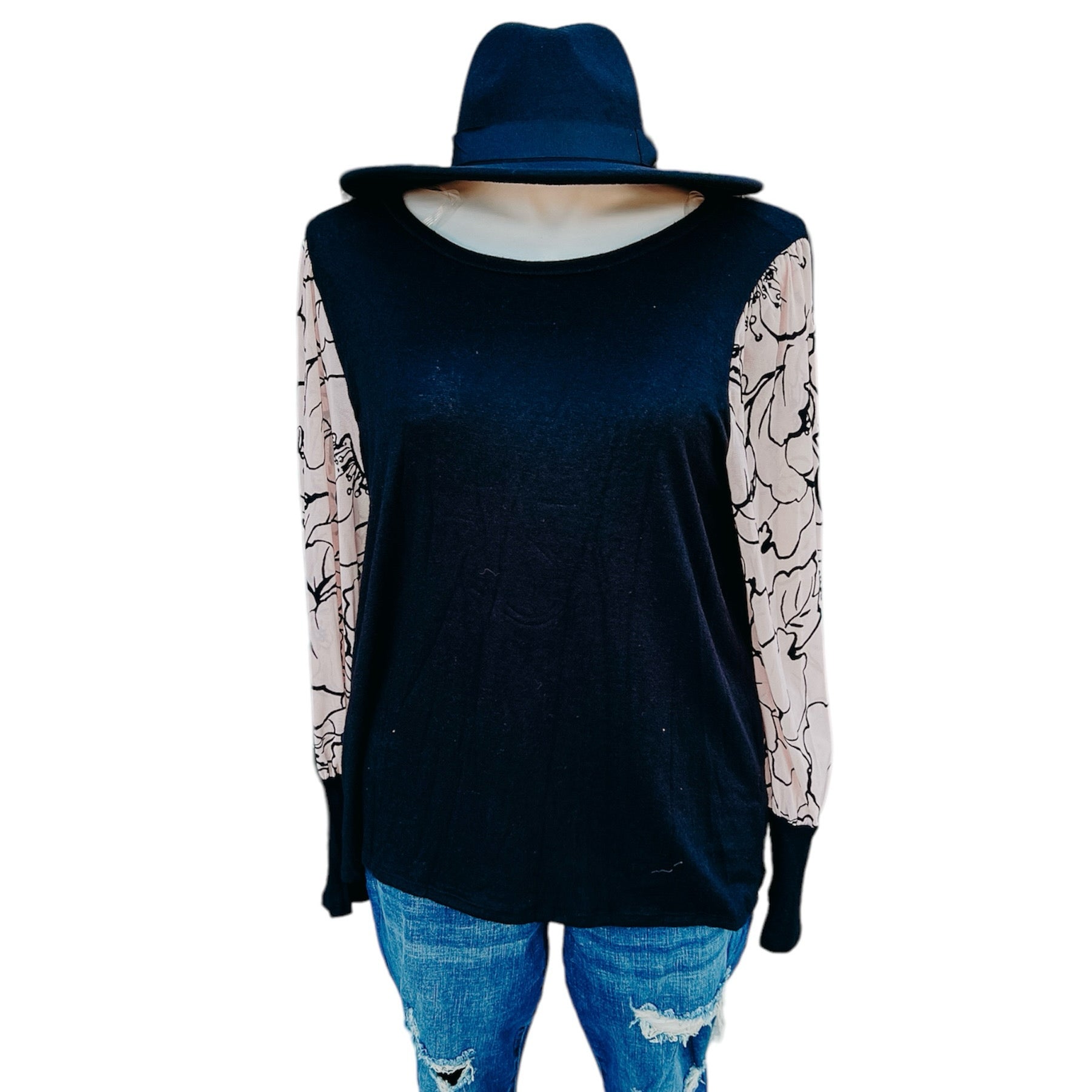 Black Soft Hacci Floral Lace Sleeve Sweater Top