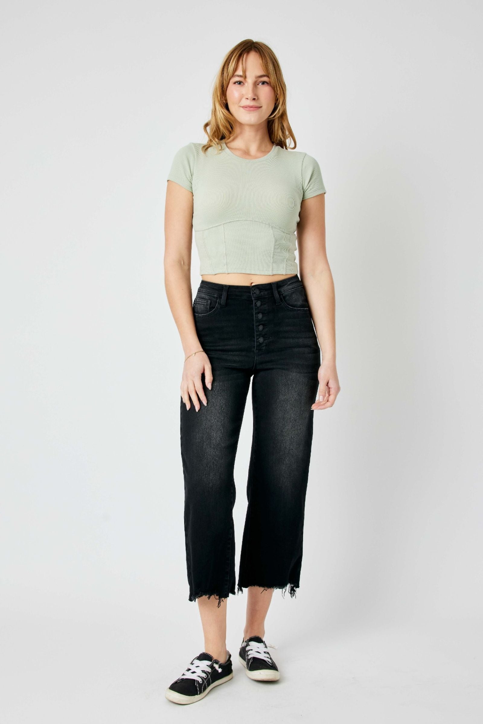 BLACK HIGH WAIST DESTROYED RAW HEM CROP WIDE LEG JUDY BLUE DENIM