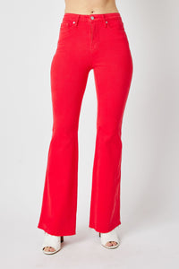 RED HIGH WAIST TUMMY CONTROL GARMENT DYED FLARE JUDY BLUE DENIM