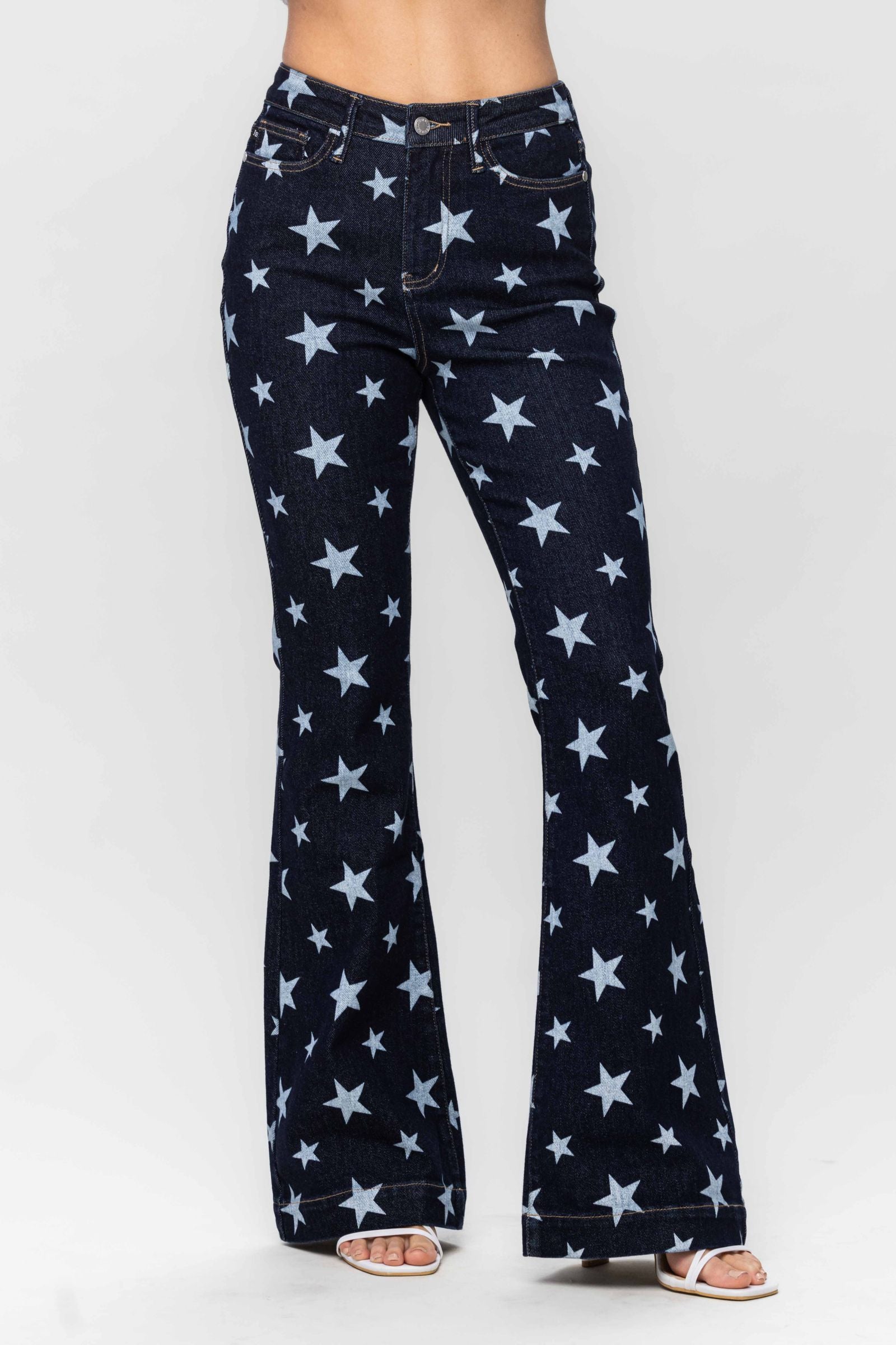 DARKWASH HIGH WAIST ALL OVER STAR PRINT RINSE WASH FLARE JUDY BLUE DENIM