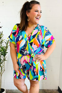 BUTTERY SOFT TROPICCAL PRINT NAVY PINK ORANGE GREEN BRIGHT VIVID SUMMER SURPLICE TIE WAIST ROMPER-PLUS
