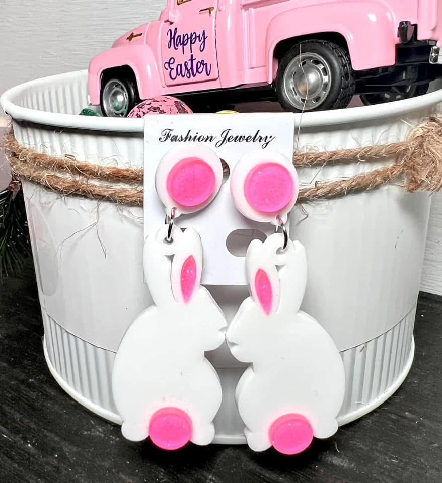 SITTING EASTER BUNNY PINK BUNNY ACRYLIC WHITE EARRINGS- SALE- 1 LEFT