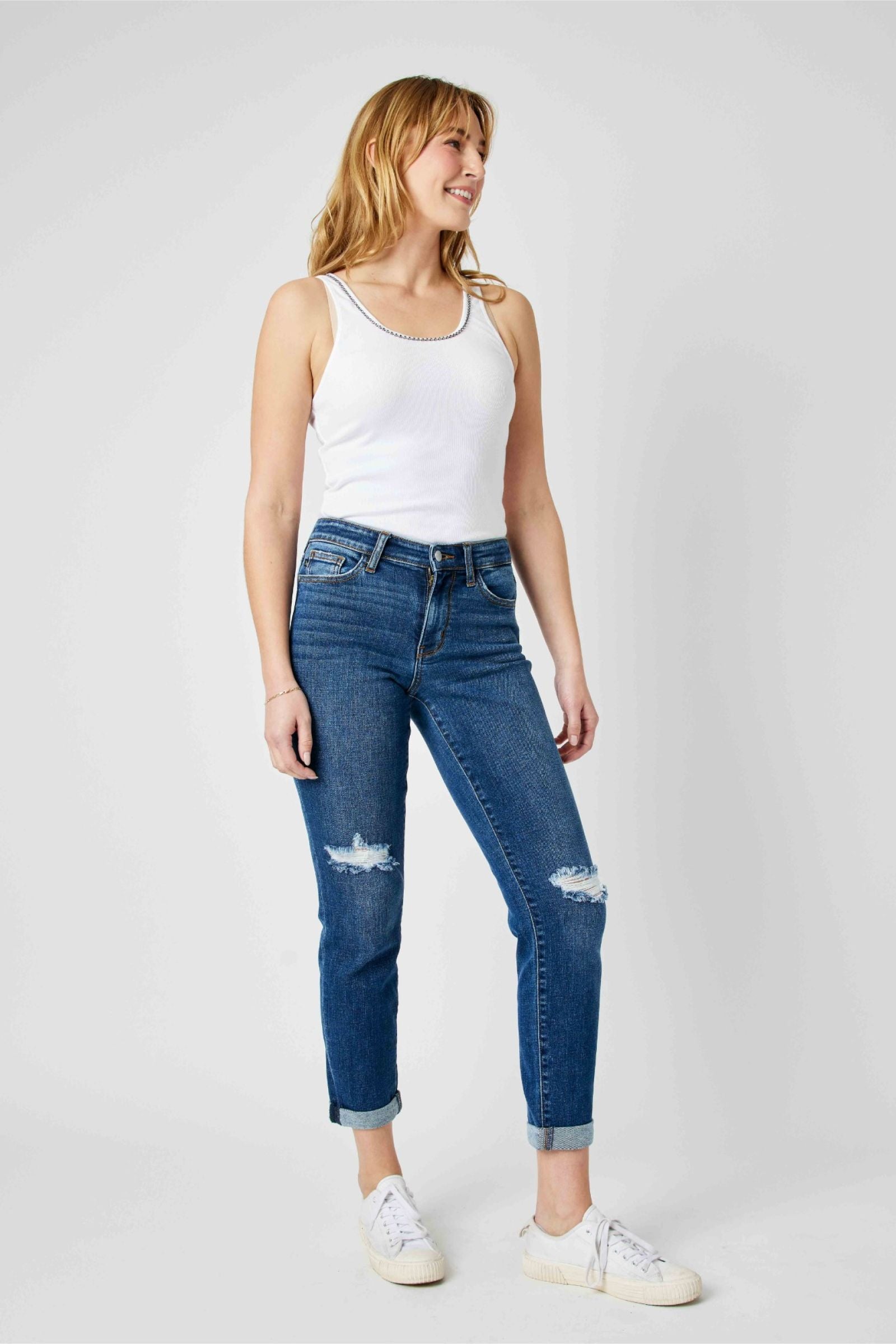 MID RISE DESTROYED SLIM MEDIUM WASH JUDY BLUE DENIM-PLUS