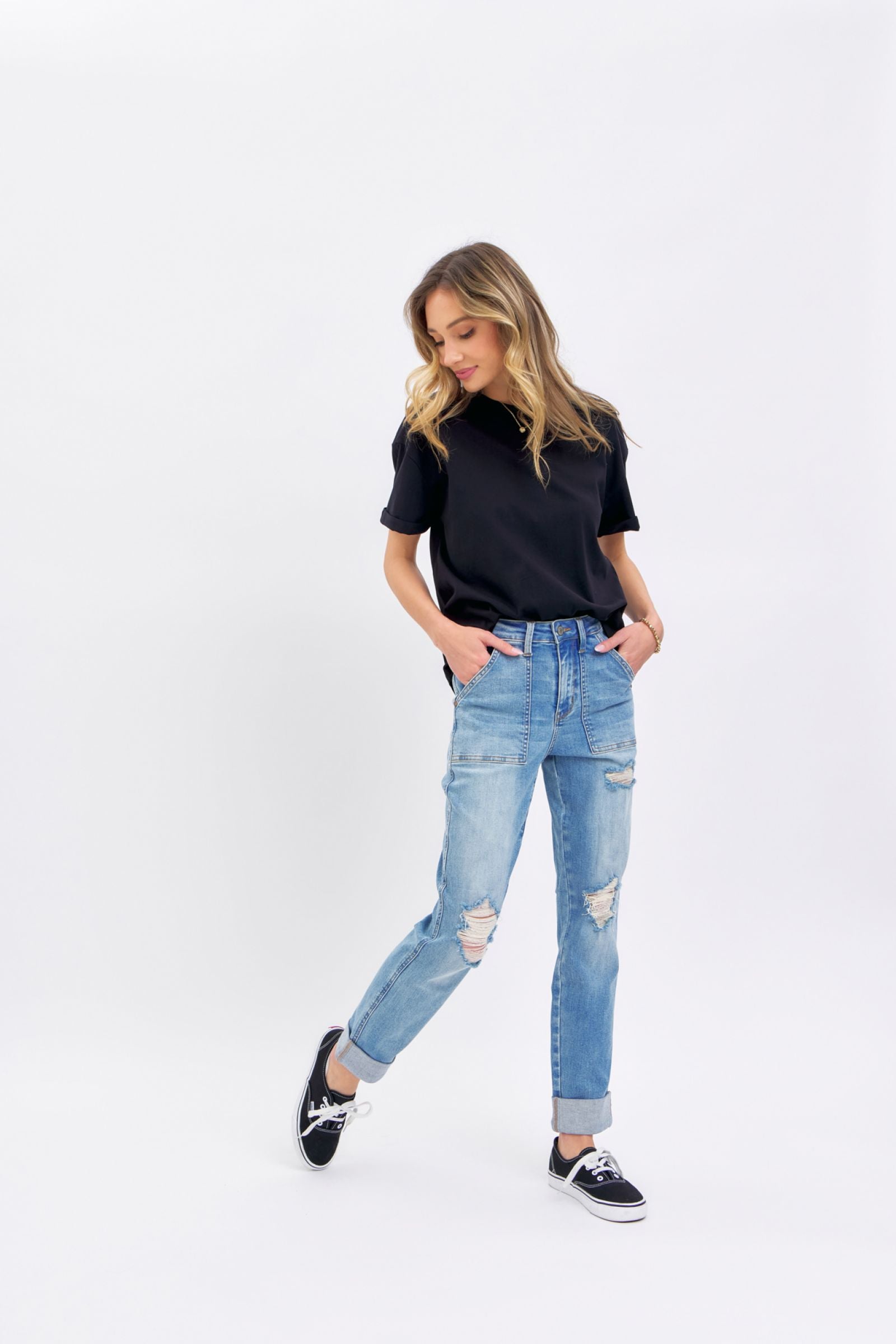 HIGH WAIST PATCH POCKET & DESTROYED BOYFRIEND MEDIUM WASH JUDY BLUE DENIM