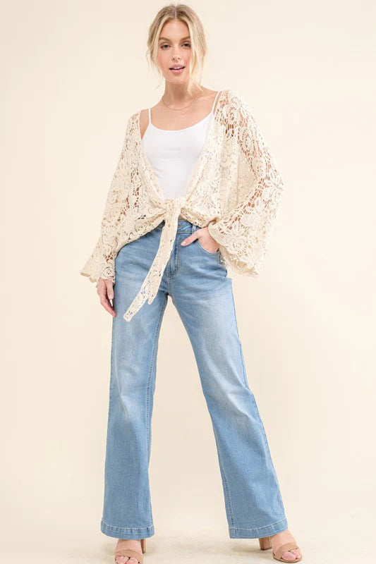 IVORY CROCHET TIE HEM CARDIGAN-PLUS
