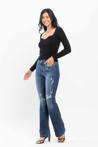 DARKWASH MID RISE HAND SAND DESTROYED BOOTCUT JUDY BLUE DENIM-PLUS