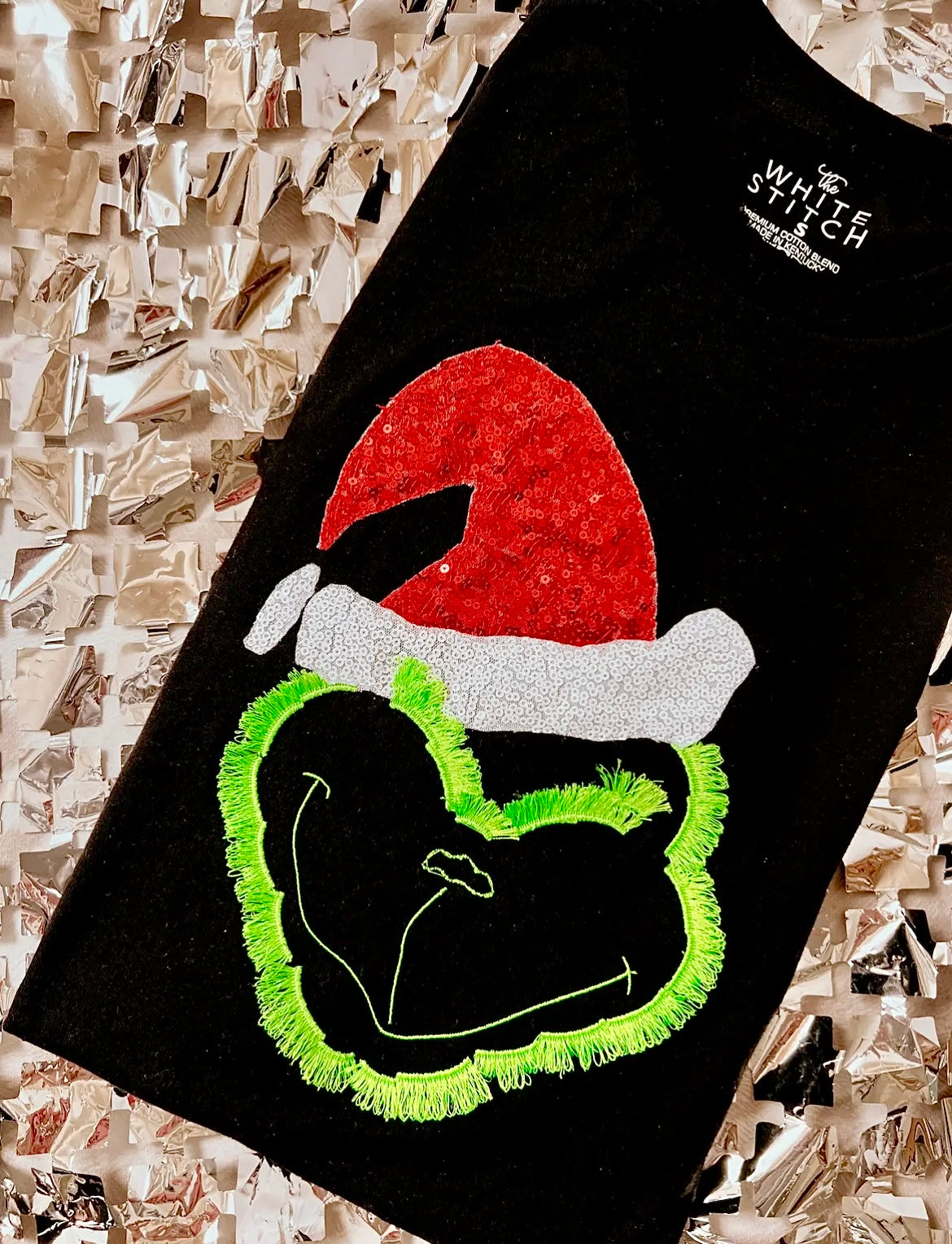 THE MEAN ONE GRINCH FUZZY STITCHED SHIRT (HANDMADE, STITCHED, EMBROIDERED) APPLIQUÉD