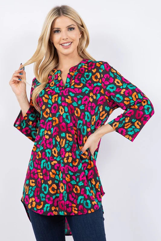 BLACK & NEON MULTI PRINT ANIMAL 3/4 SLEEVE TOP-PLUS