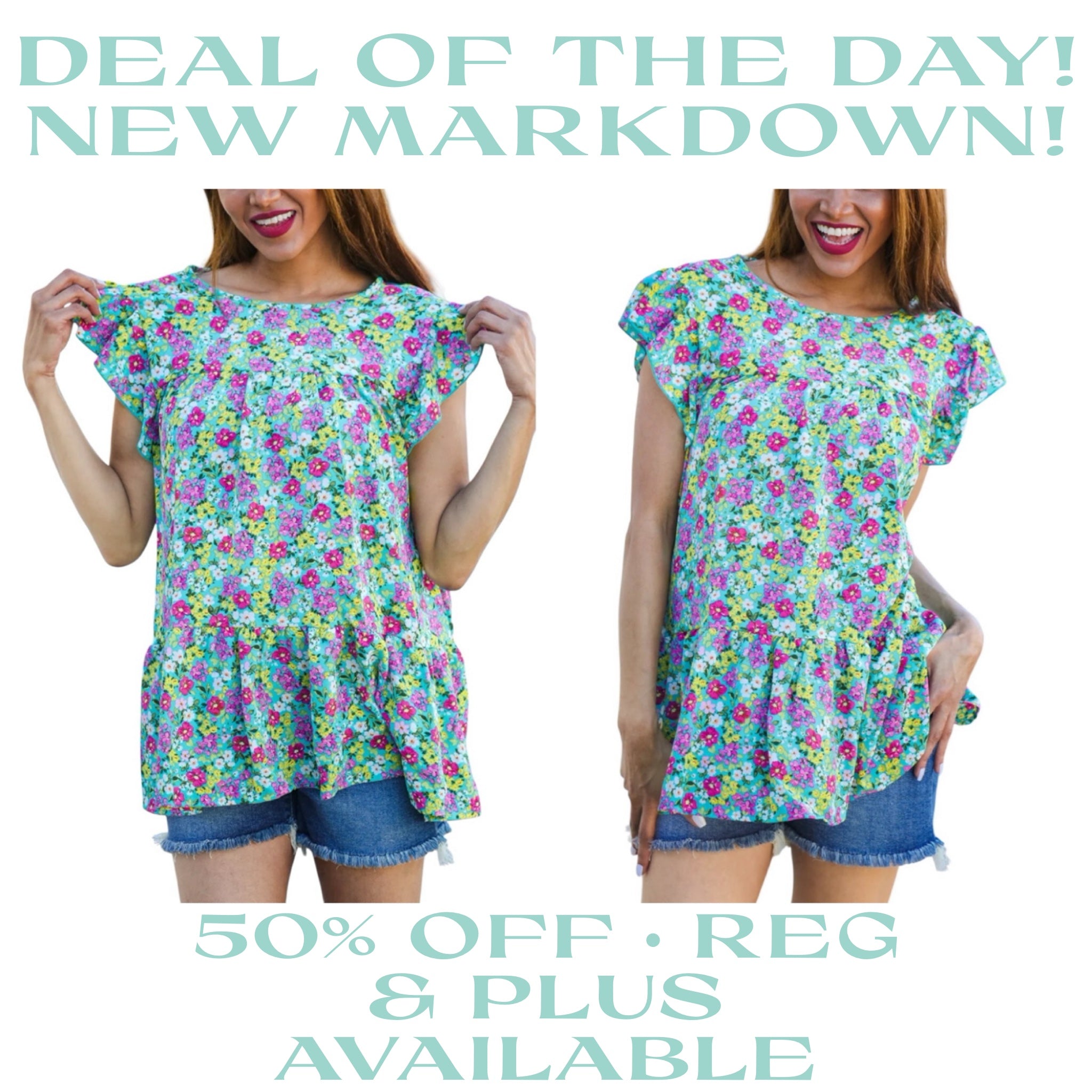 MINT FLORAL YOKE FLUTTER KEYHOLE BACK RUFFLE TOP- SALE- MEDIUM AVAILABLE