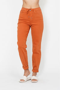 AUBURN ORANGE HIGH WAIST GARMENT DYED JOGGERS DOUBLE CUFFED JUDY BLUE DENIM