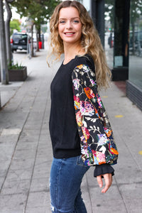 BLACK DIVA DREAMS FLORAL SEQUIN MESH RIB KNIT BLOUSE
