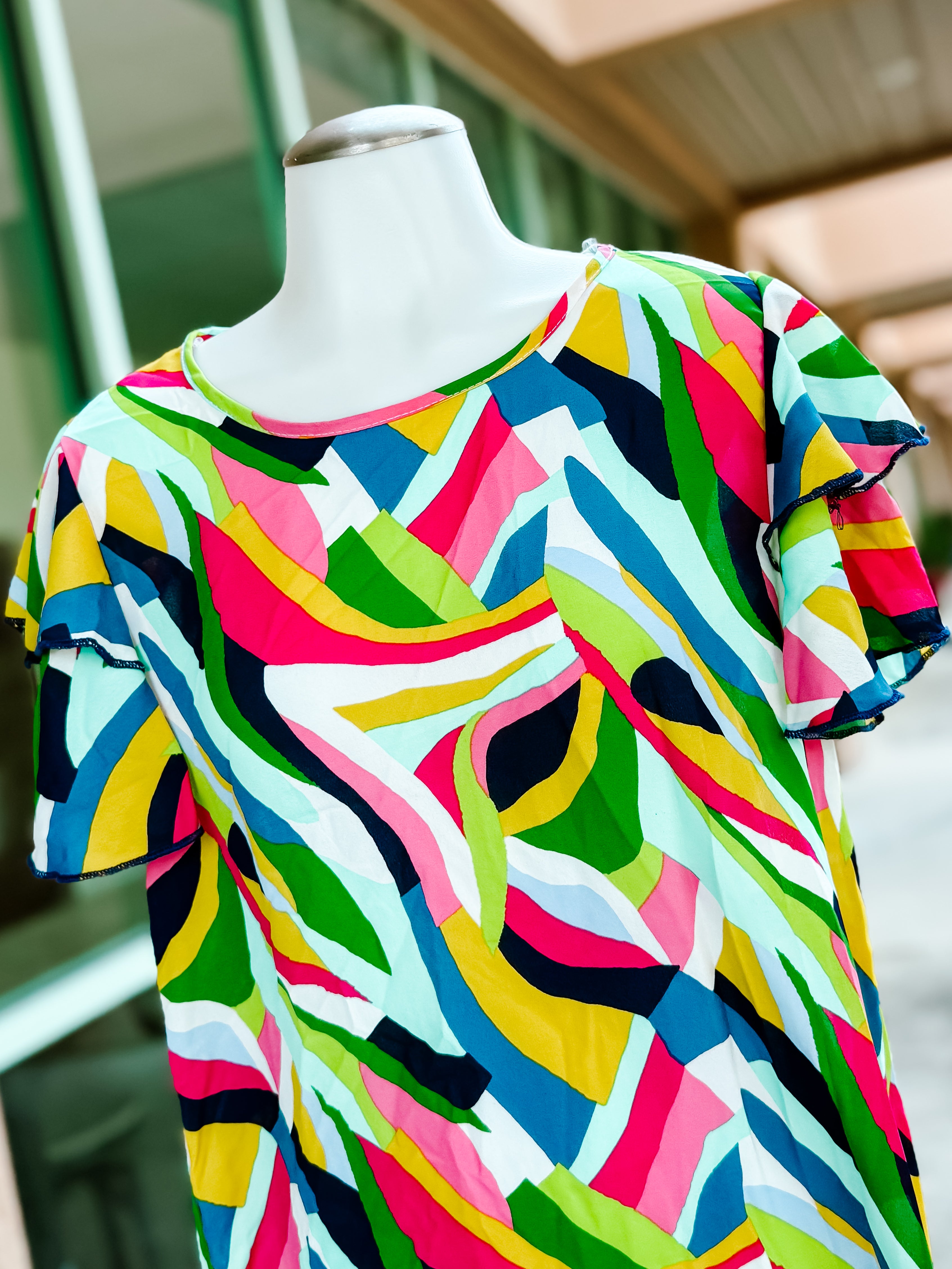 Green Navy Geometric Rufle Top- SALE