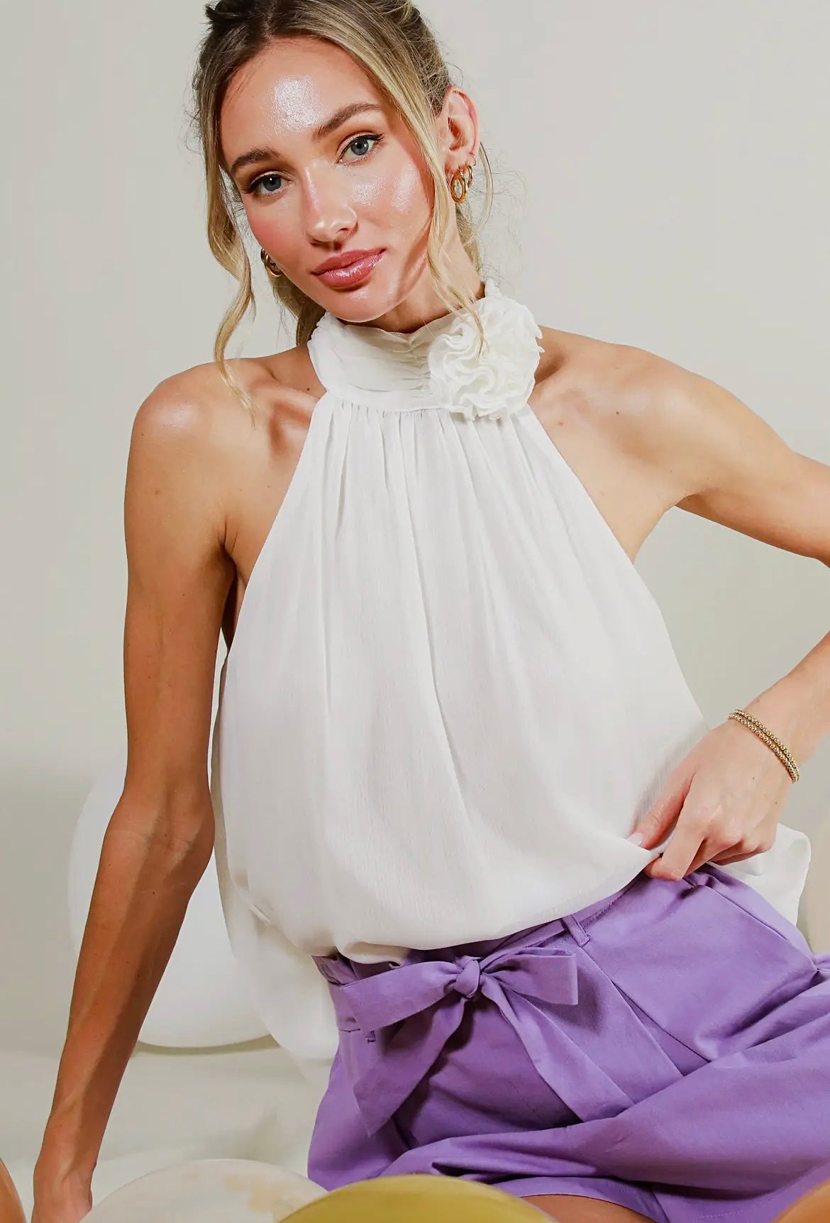 WHITE CHIFFON FLOWER TIE BACK HALTER NECK CORSAGE DETAIL TOP - SALE
