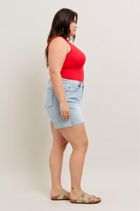 HIGH WAIST RIGID MAGIC LIGHT WASH DENIM SHORTS BY JUDY BLUE-PLUS
