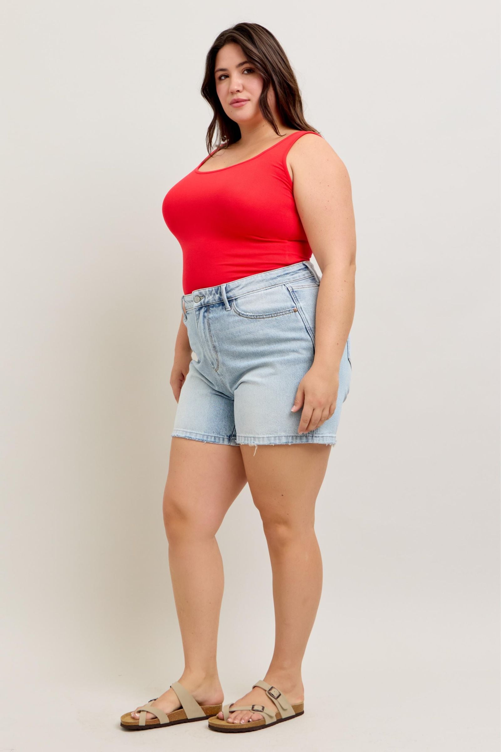 HIGH WAIST RIGID MAGIC LIGHT WASH DENIM SHORTS BY JUDY BLUE