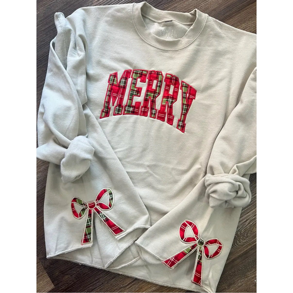 "MERRY" WITH BOWS ON THE SIDES OF SWEATSHIRT PLAID FABRIC APLIQUED HANDMADE EMBROIDERED