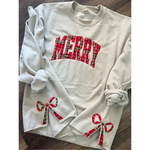 "MERRY" WITH BOWS ON THE SIDES OF SWEATSHIRT PLAID FABRIC APLIQUED HANDMADE EMBROIDERED