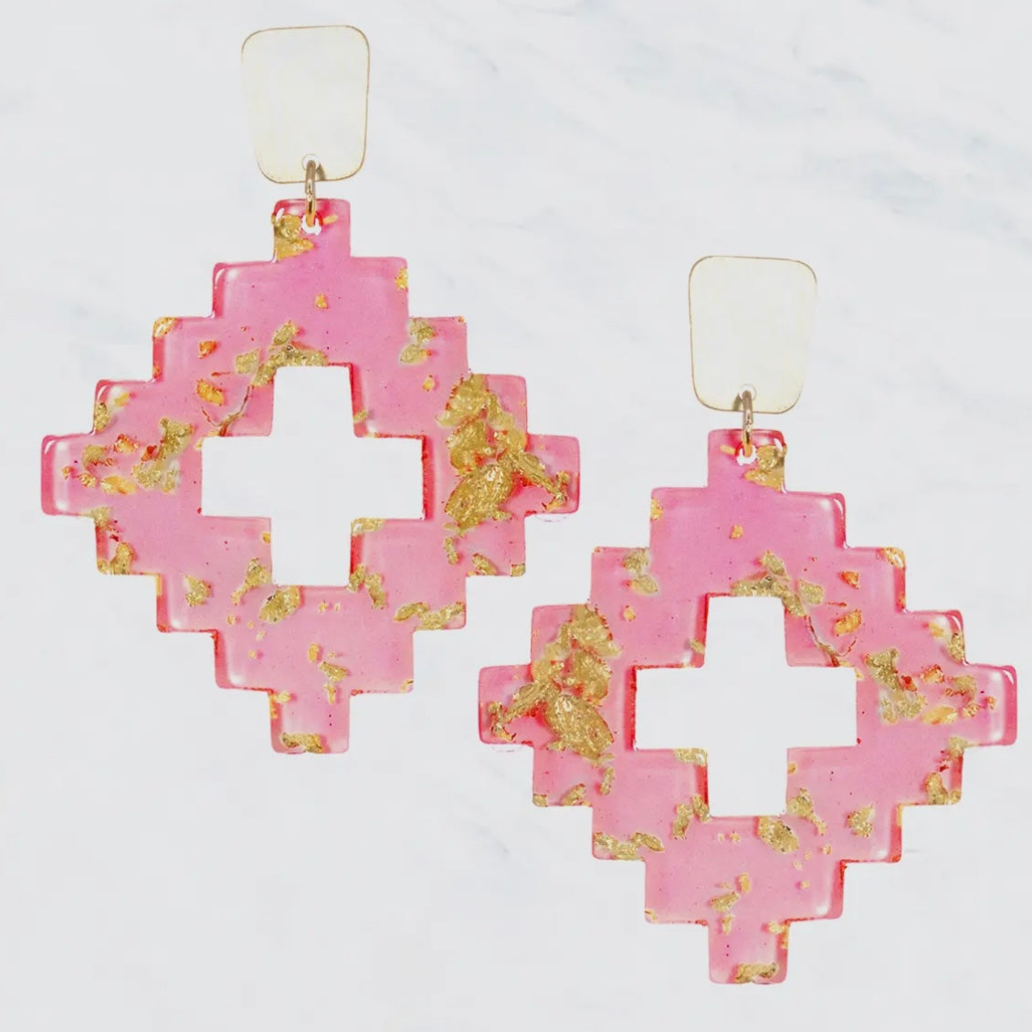 AZTEC SHAPE GOLD FLAKE SPECKLES EARRINGS