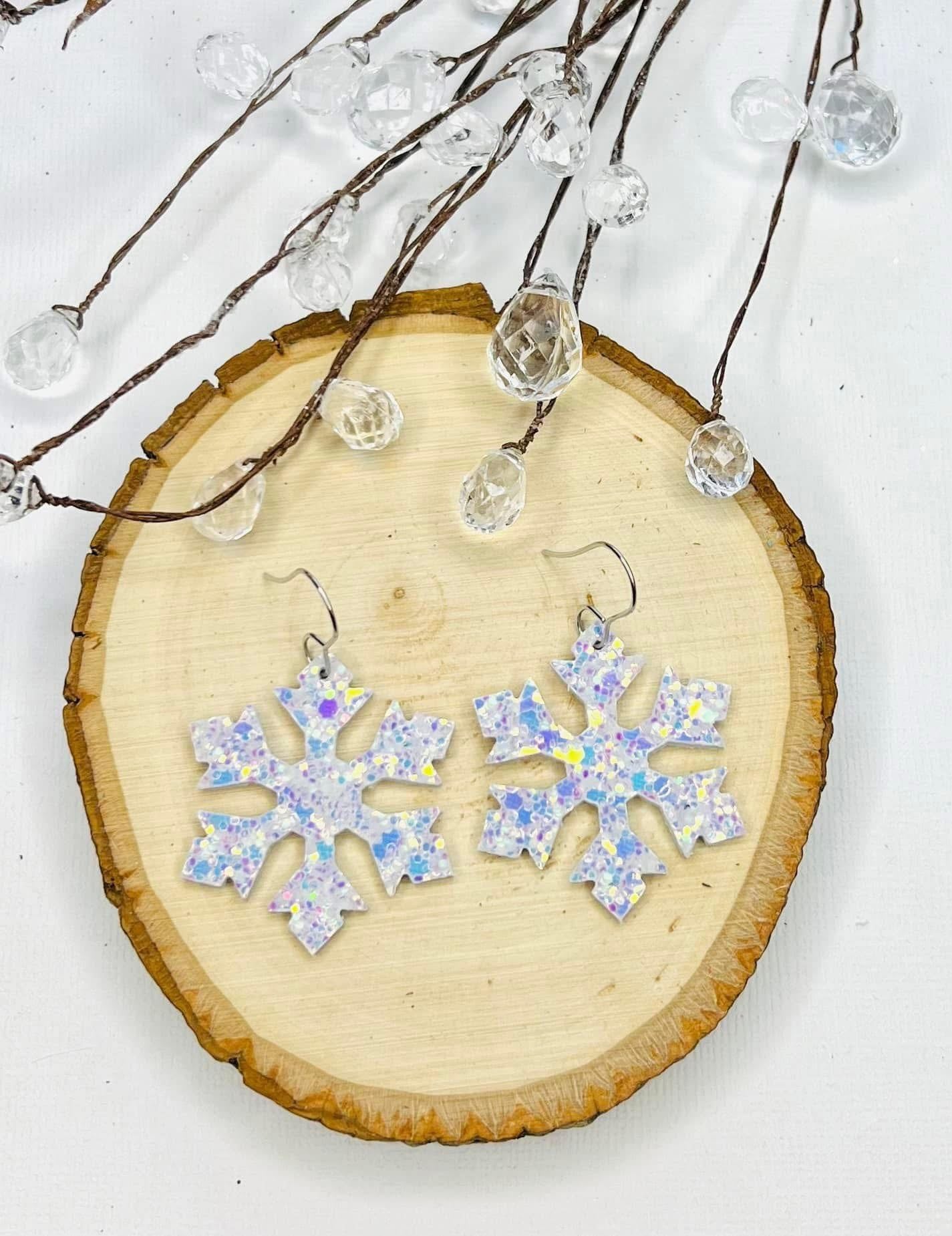 IRIDESCENT SNOWFLAKE SPARKLY GLITTER HANDMADE EARRINGS BY B.O.D