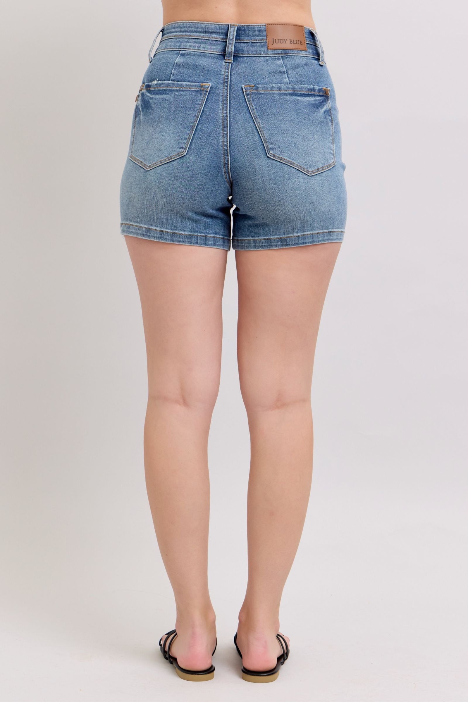 MEDIUM WASH HIGH WAIST TUMMY CONTROL COOL DENIM DOUBLE WAISTBAND SHORTS BY JUDY BLUE